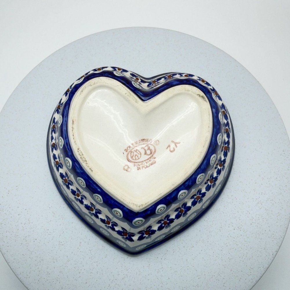 Boleslawiec Pottery Heart Shaped Bowl 6" Peacock Eye Flowers Dish Made in Poland - Picture 7 of 15